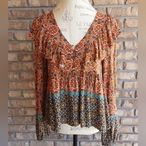 Altar'd State Floral Boho Peasant Long Sleeve V-Neck Blouse.